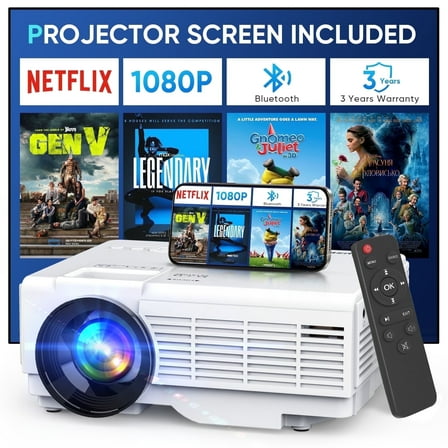 GCZ Projector, 1080P Full HD Portable Projector with Screen, Auto Focus and Keystone, for Home, Bedroom, Outdoor Use