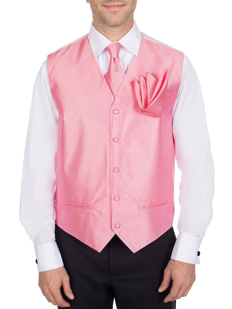 Men's Solid Fomal Vest, Tie, & Hanky Pink for Tuxedo and Suit