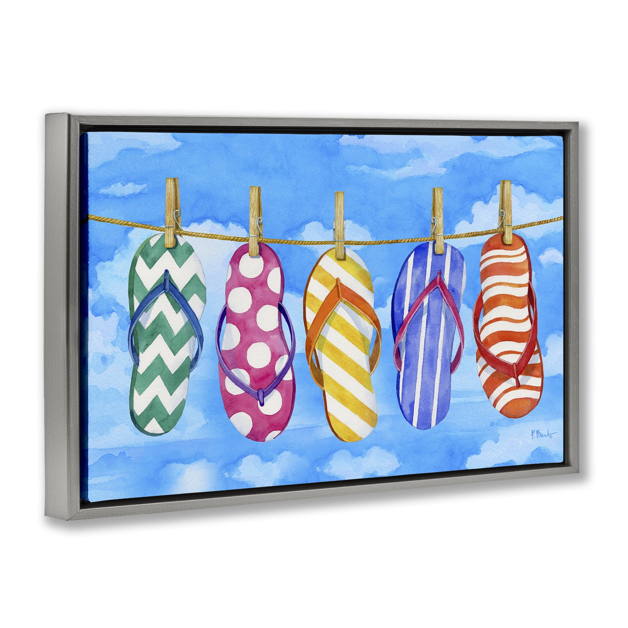 Stupell Industries Flip Flops on Clothesline Beauty & Fashion Painting Gray Floater Framed Canvas Art Print Wall Art, 31 x 21