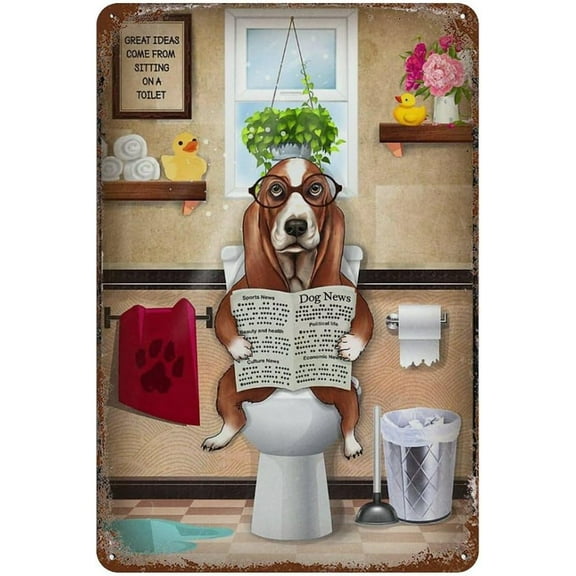 Tin Signs Retro Basset Hound Dog Read Newspaper Toilet Bathroom Funny Art Decorations Metal Sign Wall Decor Tin Signs Vintage 8 X 12 Inches
