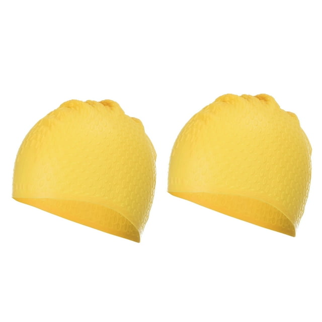 Unique Bargains Silicone Swim Caps Unisex Swimming Caps Bubble Textured Adult Swim Hats Yellow 2 Pack