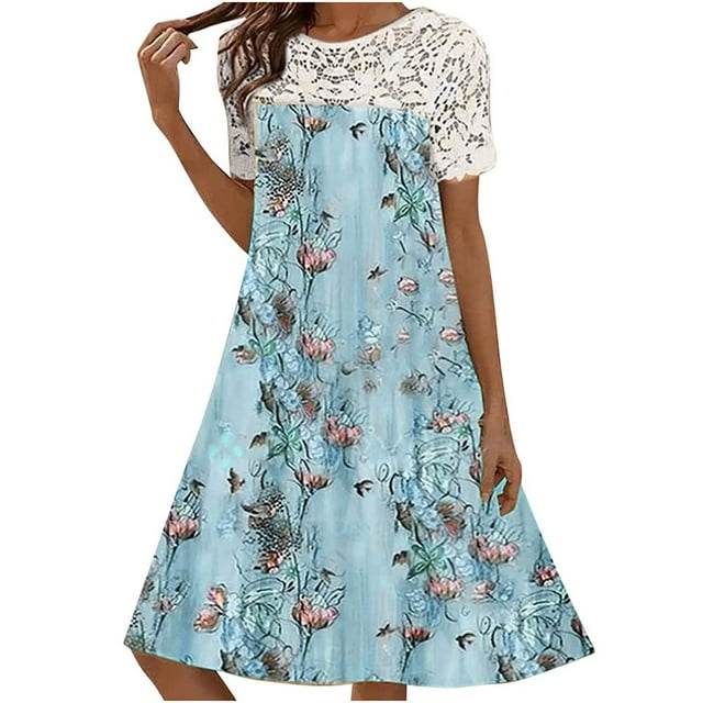 CHUANK Robes d'Été pour Femmes 2022 Robes Décontractées de Plage pour Femmes Mode Bohème Imprimé Col Rond Décontracté Manches Courtes Longueur Genou Robe Grande Taille Robes de Vacances Mini Robes d'Été Légères