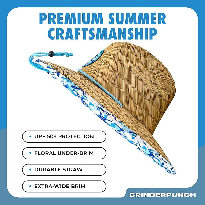 Grinderpunch Lifeguard Hat Mens Straw Sun Hat for Beach, Outdoor, and Travel | UPF 50+ Sun Protection | Wide Brim Straw Beach Hat | Classic Sun Hat for Men and Women (Blue Nautical)