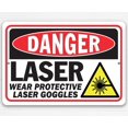 thumbnail image 1 of Estaño - Peligro de láser. Use gafas protectoras. Señalización de uso de láser. Metal. Para instalaciones, lugares de trabajo, maquinaria o equipo. Tamaño de la etiqueta: 8 x 12 pulgadas, 1 of 4