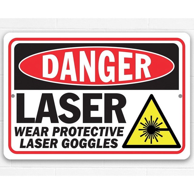 Estaño - Peligro de láser. Use gafas protectoras. Señalización de uso de láser. Metal. Para instalaciones, lugares de trabajo, maquinaria o equipo. Tamaño de la etiqueta: 8 x 12 pulgadas