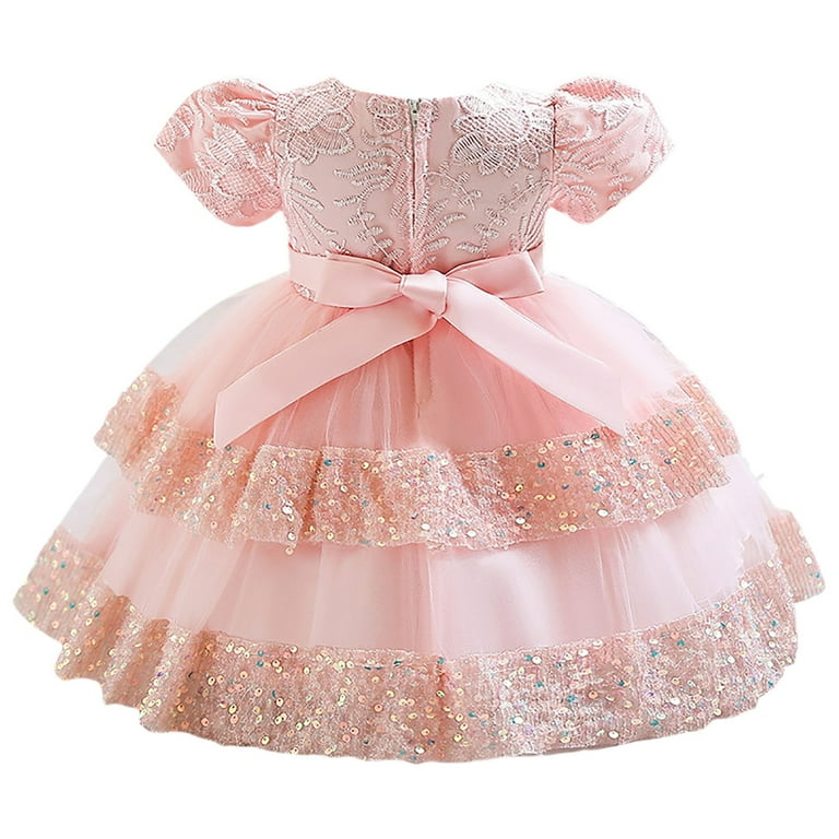 chinese dress ladies Flower Girl Dress Toddler Pink Puff Sleeves Fluffy Mesh Communion Princess Dress, Pink / 2-3 Years (100cm) main image 1