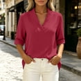 thumbnail image 4 of Women's Summer Shirts Casual Loose V-Neck Fixed Roll Cuff Short Sleeve Solid Color Blouses Lightweight cotton Linen Curved Hem Short Tops for Office Daily Wear, 4 of 7