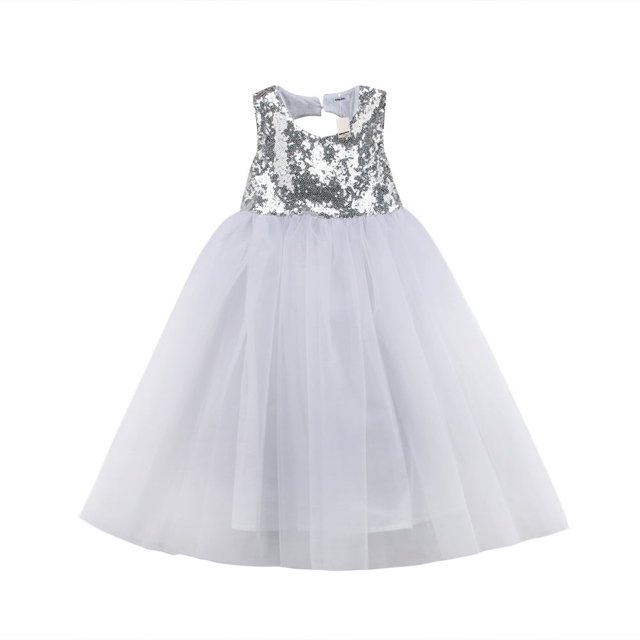 Robe de Bal pour Bébé Fille Sans Manches Dos Nu Robe en Tulle Patchwork à Paillettes Robe de Princesse Formelle