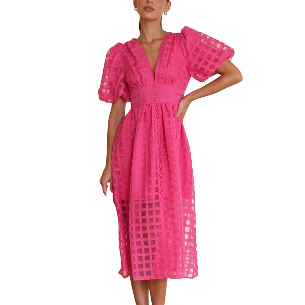 Lucakuins - Vestido largo de verano para mujer, vestido elegante de malla con textura a cuadros, manga corta, cuello en V, vestido midi Lucakuins moda