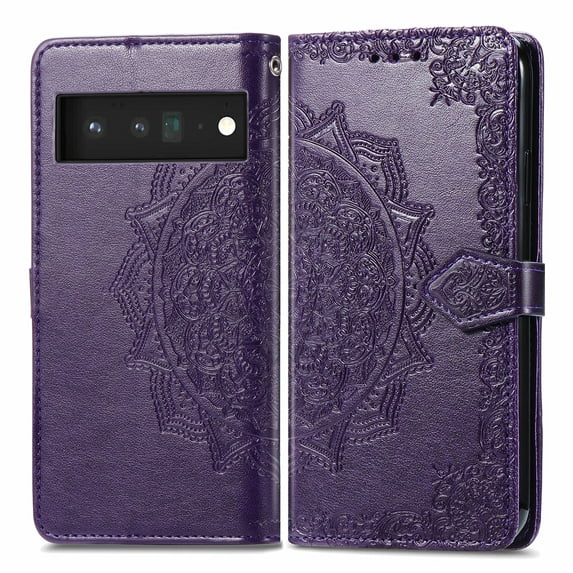 Techcircle Google Pixel 6 Pro Case, Magnetic Flip Kickstand Hand Strap Card Slots Mandala PU Leather Phone Wallet Cover, Purple