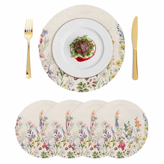 Watercolor Wildflowers Round 15 Inch Placemats Set of 4, Farmhouse Botanical Flowers Herbs HeatResistant Non Slip Place Mats for Dining Table, Wipeable Braided Kitchen Table Mats for Housewarming
