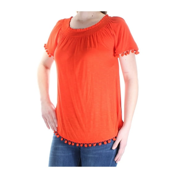 INC Womens Orange Fringed Short Sleeve Jewel Neck Top  Size: S