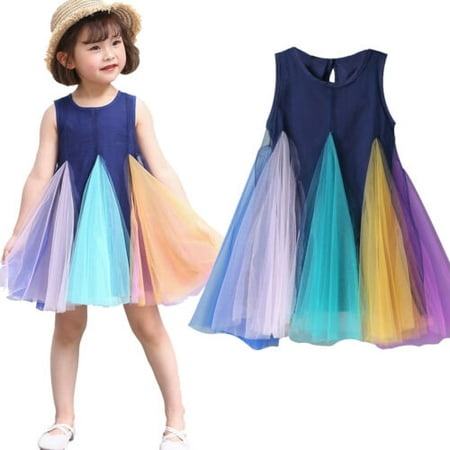 Pudcoco Girl Dress Princess Kid Baby Party Wedding Rainbow Lace Tutu Dress Gown Fancy