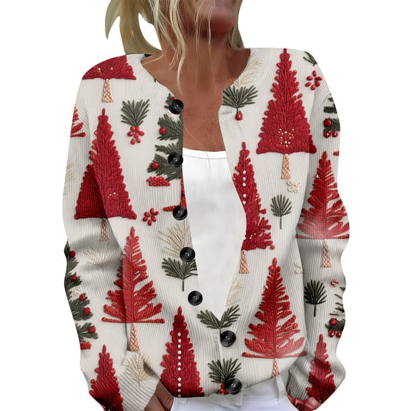 SRZYMJ Christmas Sweater Women Button up Printed Cardigan Sweaters Plus Size Winter Warm Cozy Cable Knit Sweater