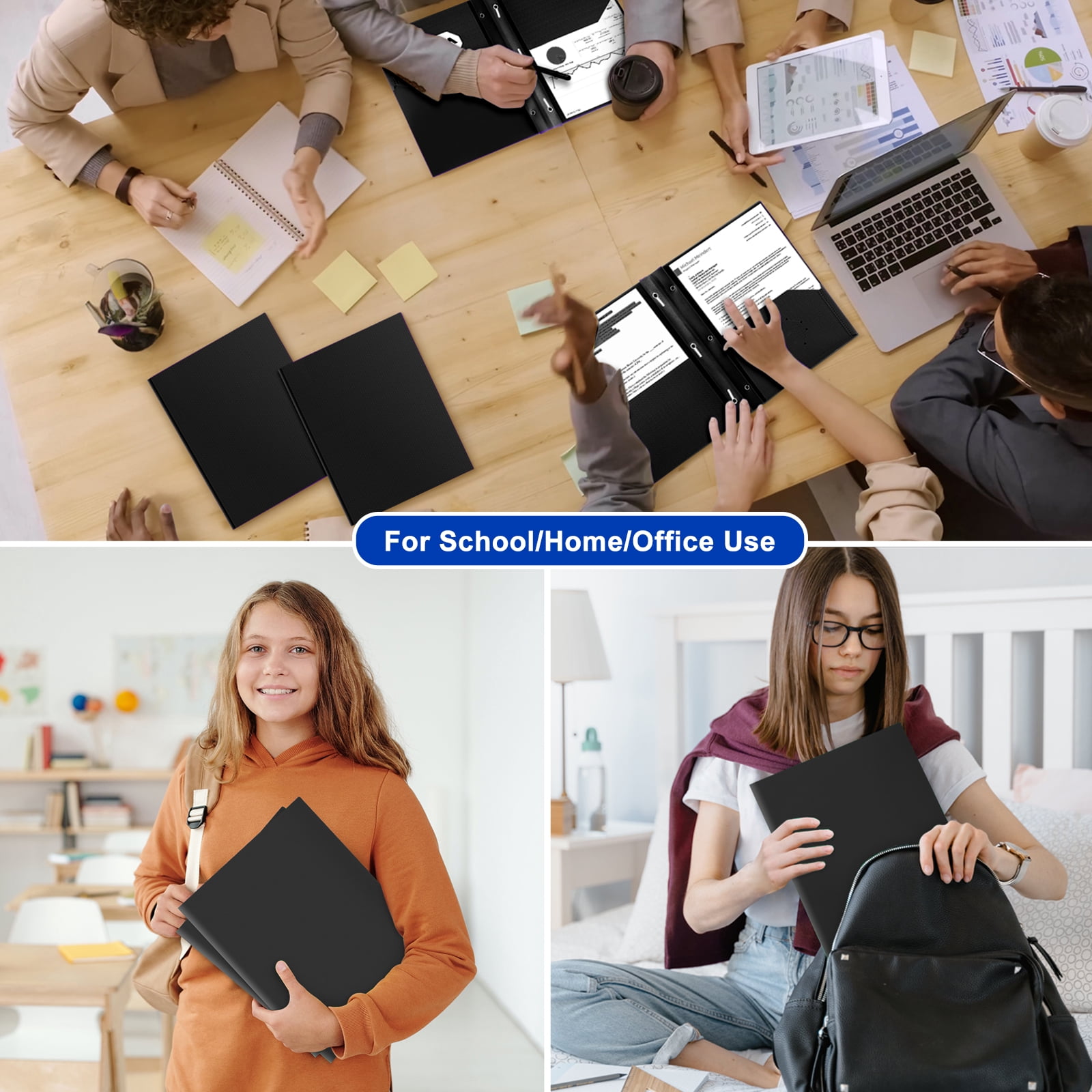 ViVin 12-Pack Sturdy Plastic Folder with 2 Pockets, Office School Home, Black