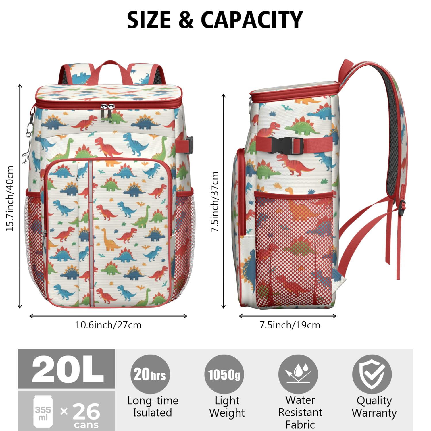 Travel Cooler Bag - White Cartoon Dinosaurs Pattern Camping Beer Cooler Backpack with Bottle Opener- Waterproof Insulated Picnic Backpacks - Cooler Bag for Beach