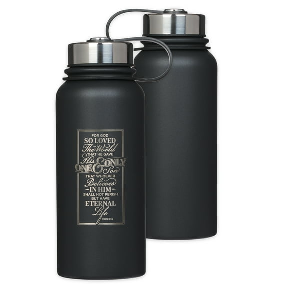 Christian Art Gifts Large Stainless Steel Double Wall Vacuum Sealed Insulated Water Bottle for Men & Women: For God So Loved - John 3:16 Inspirational Bible Verse, Leak/Spill Proof, Black, 32 oz.