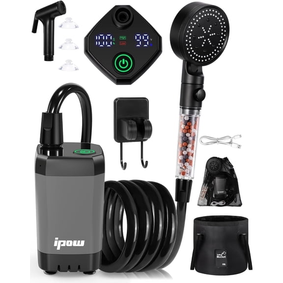 Portable Camping Shower with LED Display, 6000mAh Rechargeable Battery, 4 Spray Modes, Filtered Shower Head, 20L Water Bag, for Hiking, Beach, Pet Bath, Car Wash, Outdoors