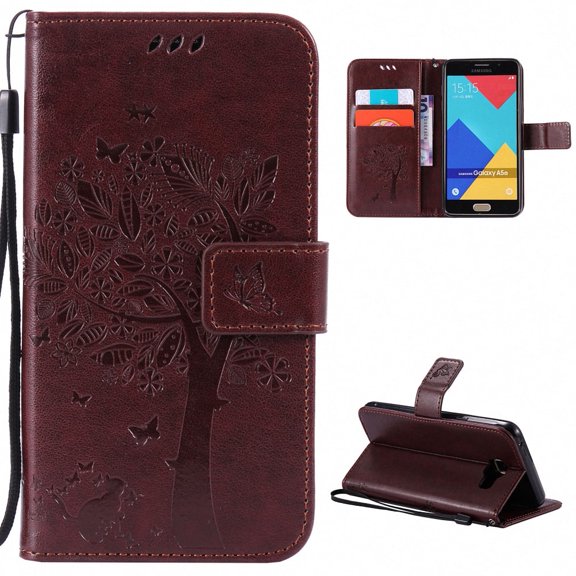 Galaxy A5 2016 Case, Samsung Galaxy A5 Case, Allytech [Embossed Cat & Tree] Slim PU Leather Case Full Body Protective Flip Kickstand Cover with Wrist Strap for Samsung Galaxy A5 2016 Version, Coffee