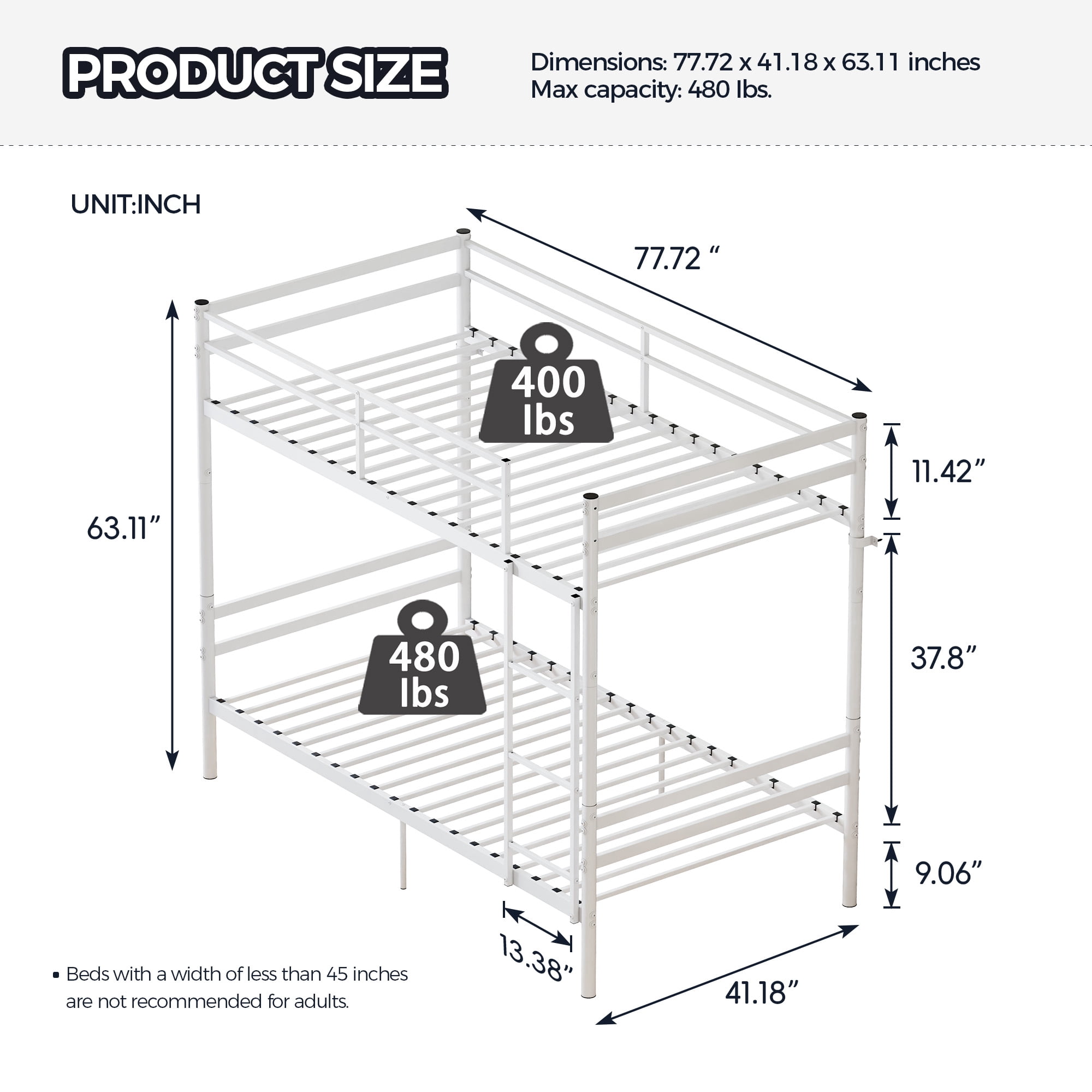 MAYEERTY Twin Over Twin Metal Bunk Bed with Ladder and High Guardrail, Heavy Duty Bed Frame, No Box Spring Needed, Space-Saving for Kids Bedroom Dorm