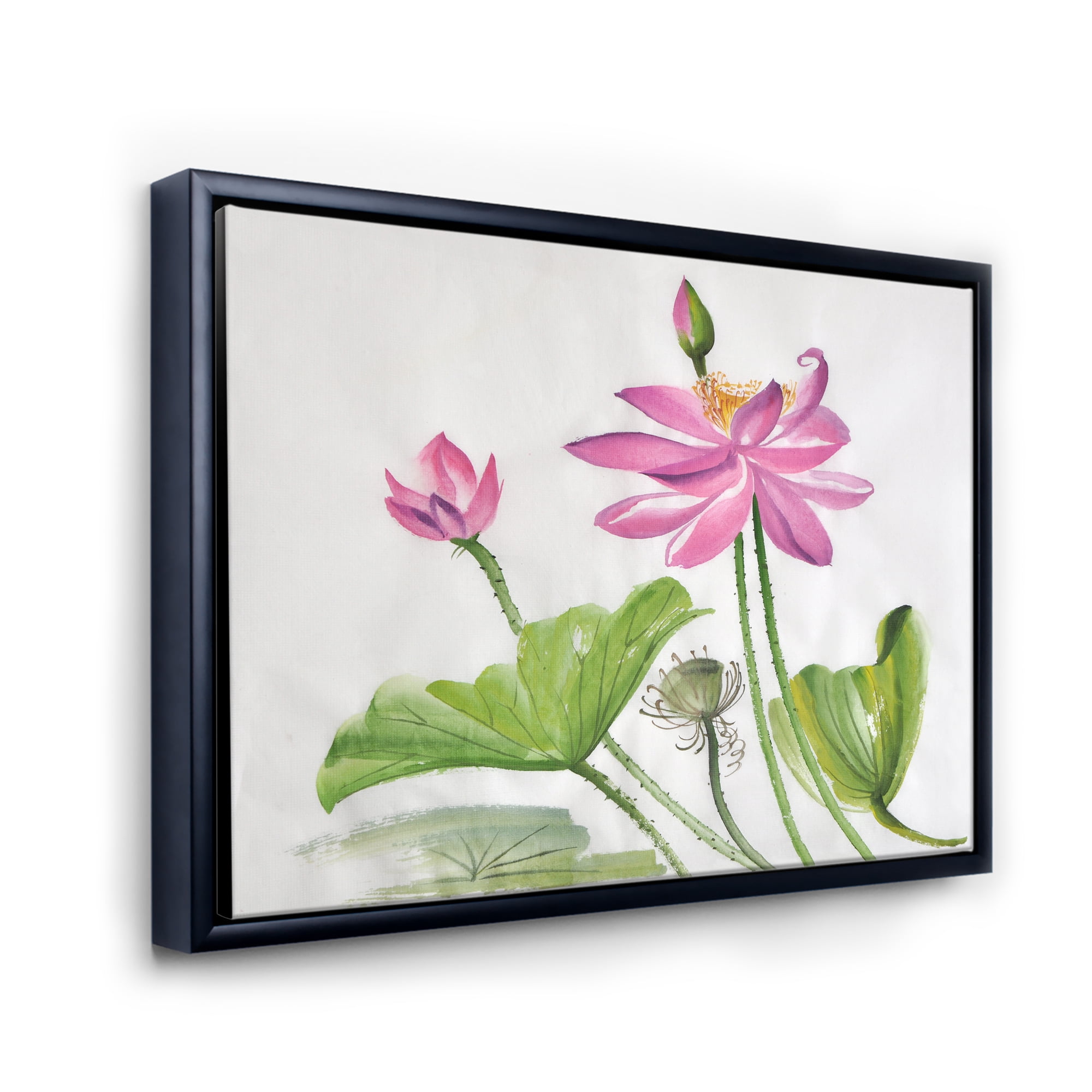 Designart 'Two Pink Lotus Flowers With Green Leaves' Traditional Framed Canvas Wall Art Print