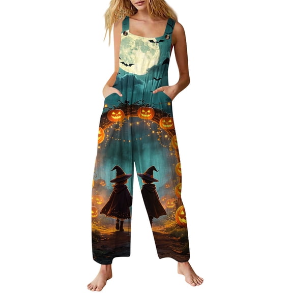 Women's Halloween Jumpsuits Sleeveless Loose Wide Leg with Side Pockets Square Neck and Relaxed Fit Romper for Fall Outings and Home Cyan L