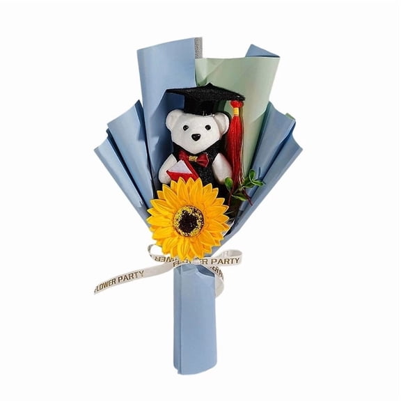 Wood Graduation Flower Bouquet with Handmade Sunflower and Bear Decor — Durable, Versatile Keepsake for Celebrations and Home Decor