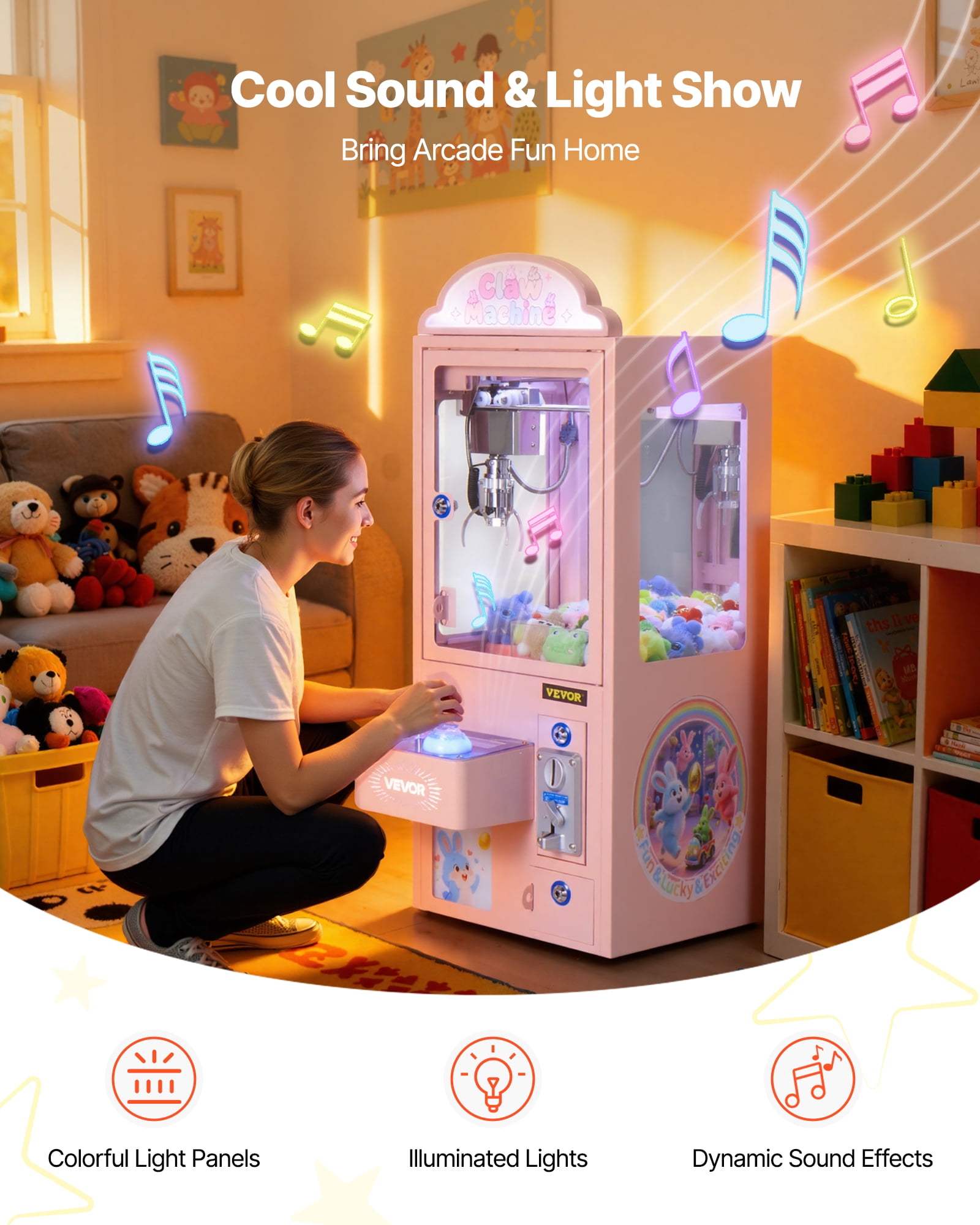 VEVOR Claw Crane Machine, Medium-Sized Arcade Game Machine with Light & Sound, Adjustable Steel Claws, Precise Toy Candy Grabber Prize Dispenser Vending Toy, for Commercial Home Parties Cinema, Pink
