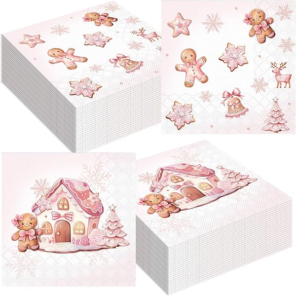 wonima02 80Pcs Christmas Paper Napkin Pink Snowflake Xmas Gingerbread Candy Disposable Napkin Dessert Dinner Hand Napkin for Holiday Party Supplies