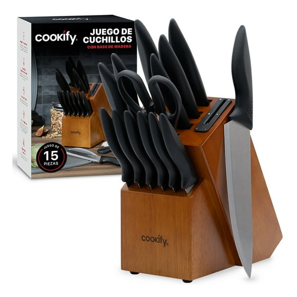 Juego de Cuchillos de Cocina COOKIFY 15 Piezas. Acero Inoxidable con Base Organizadora, Tijeras y Afilador .Color Madera/Negro