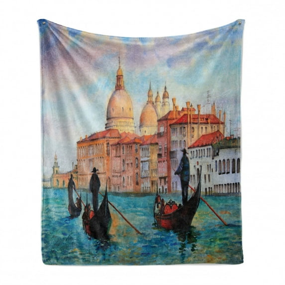 Venice Soft Flannel Fleece Throw Blanket, Watercolor Painting of Venice Serene Cityscape Antique Gondolas Scenic, Cozy Plush for Indoor and Outdoor Use, 50" x 60", Peach Pale Blue Red, by Ambesonne