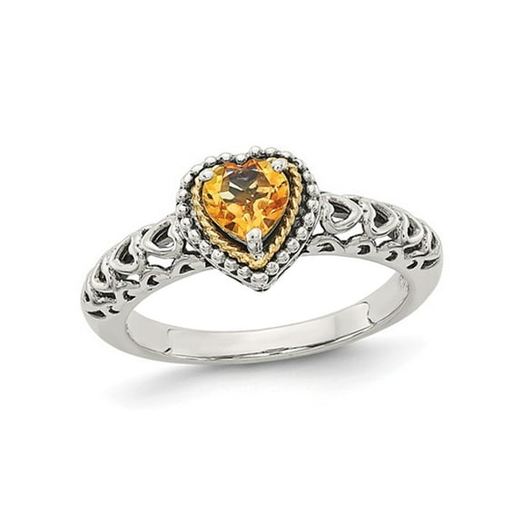 Antiqued Natural Citrine Heart Ring in Sterling Silver with 14K Gold Accents for Women