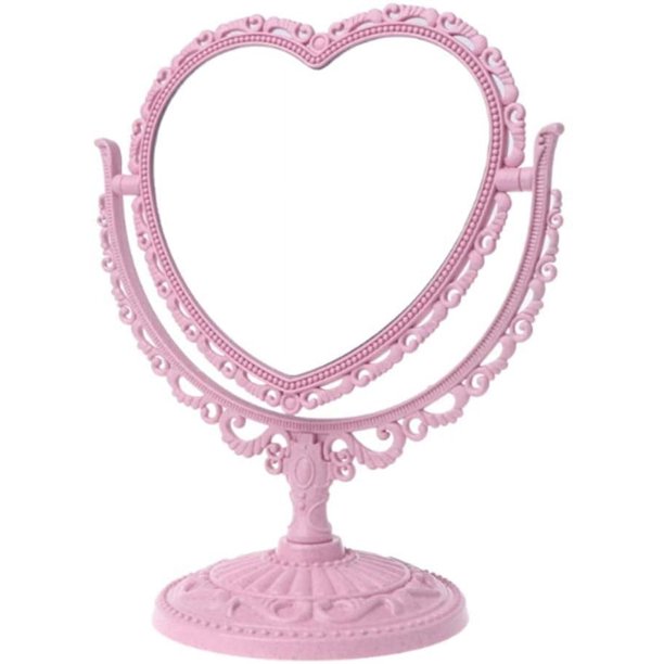 1 espejo cosmético simple y encantador en forma de corazón, espejo de tocador giratorio de plástico de doble cara, espejo liviano, espejo para baño y dormitorio