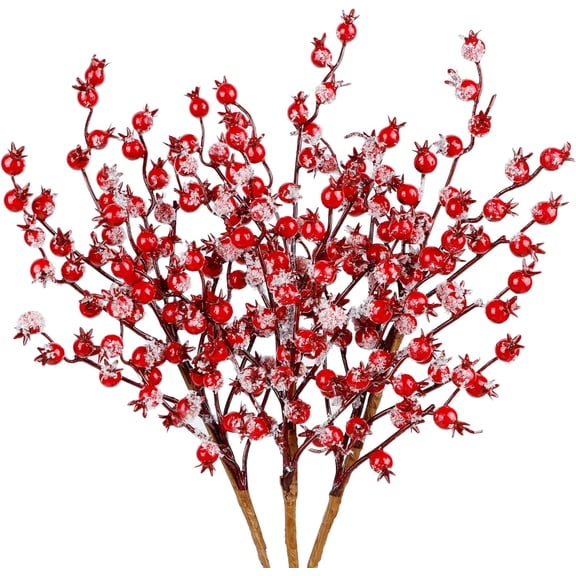 3Pcs 17.3Inch Large Red Berry Picks, Artificial Christmas Berries Stems with Ice Snow Long Pomegranate Berry for Crafts Garland Home Party Christmas Decoration