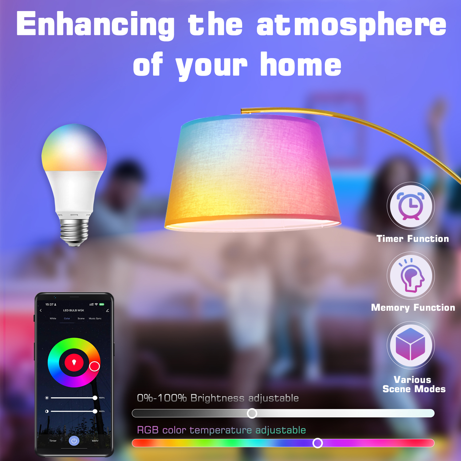 Arc Floor Lamps for Living Room 74 inch Tall Gold & Black Pole with 15W Dimmable RGB Bulb