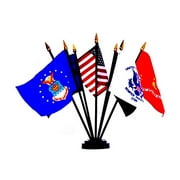 UNITED STATES MILITARY WORLD FLAG SET with Base--7 Rayon 4"x6" Flags, One Flag for Each Armed Service, POW/MIA and USA; 4x6 Miniature Desk Flags, Small Mini Stick Flags