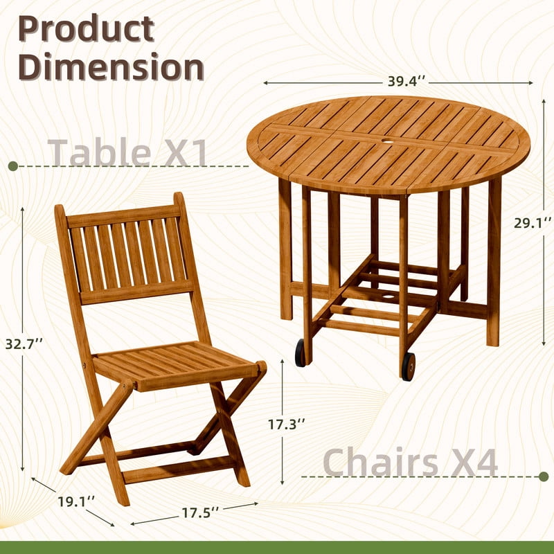 Vineego 5 Pieces Folding Patio Dining Set, Acacia Wood Round Table with 4 Chairs, Outdoor Furniture with Umbrella Hole for Deck, Garden