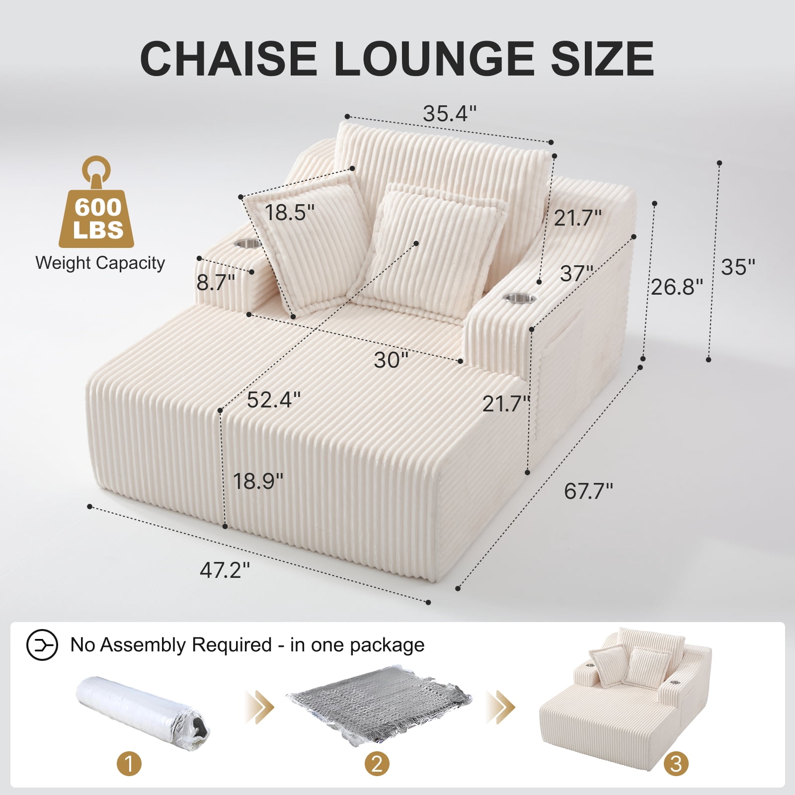 47" Wide Oversized Single Chaise Lounge Chair, 67'' Sleeper Sofa Bed with Cup Holders & 3 Pillows