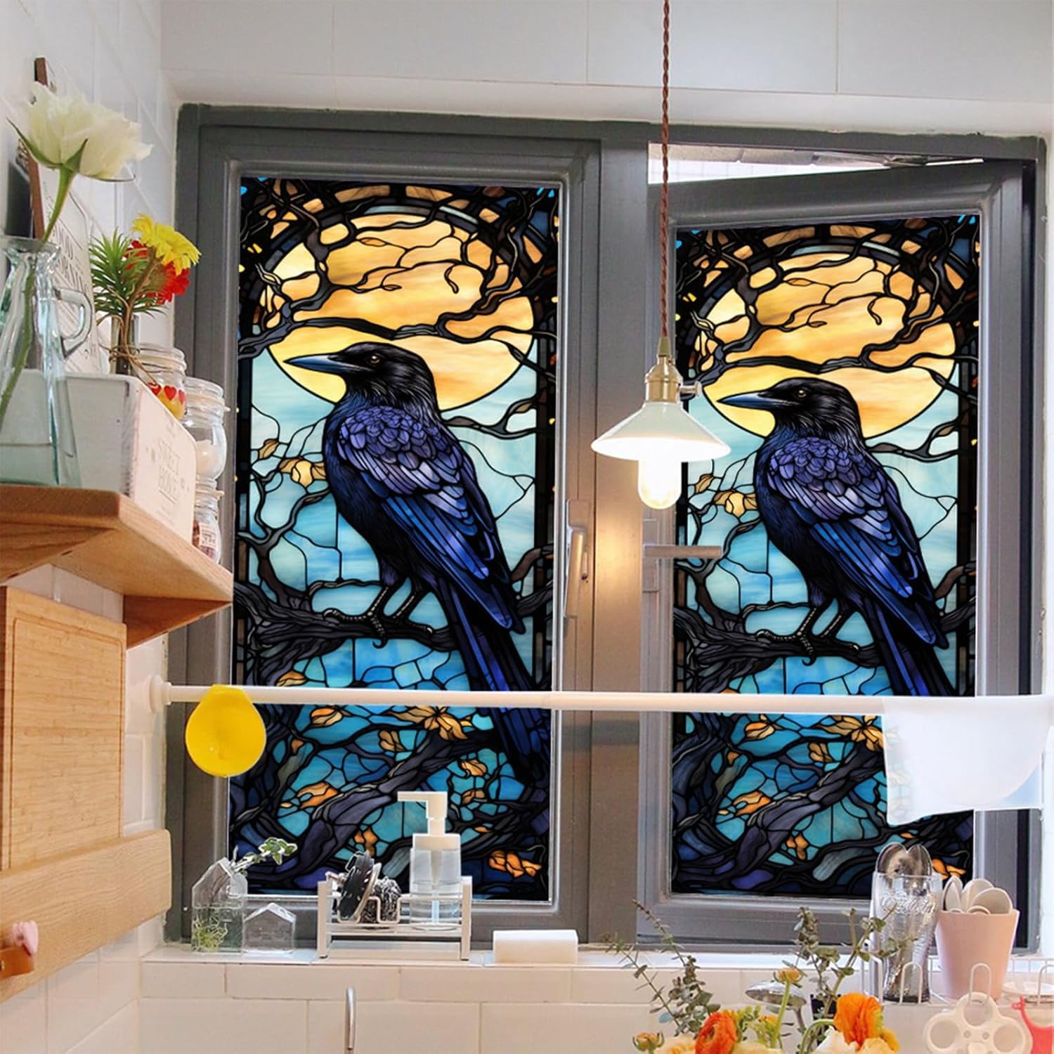 MKEUDQ-Window Privacy Film Crow Stained Glass Window Film Frosted Glass Cling Privacy Film Heat Blocking Static Cling Day and Night Home Door 17.7"x39.5"