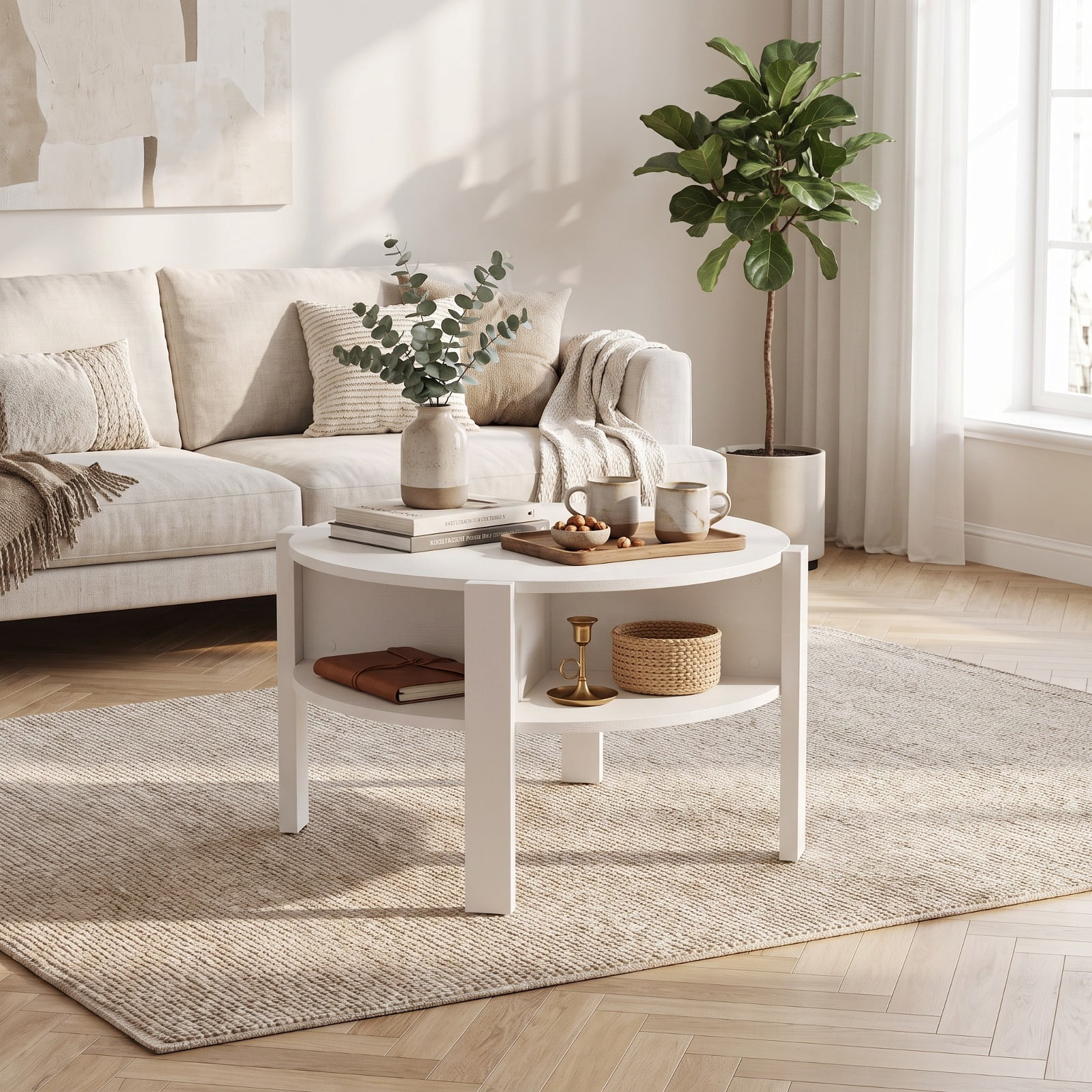 Furnibear 29.5 Inch Round Coffee Table with Side Storage Shelves and Open Base a Compact Living Room Center Table for Small Spaces, White