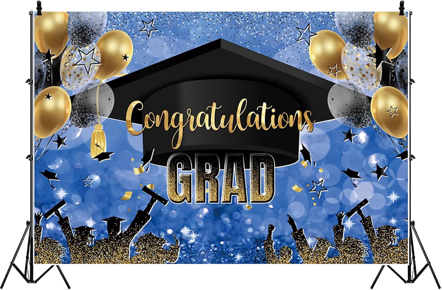 10x8ft Graduation Backdrop Class of 2024 Blue Gold Congratulation Graduates Prom Background Gold Balloons Bachelor Cap Congrats Grad Party Blue Decoration Banner Photo Booth Props