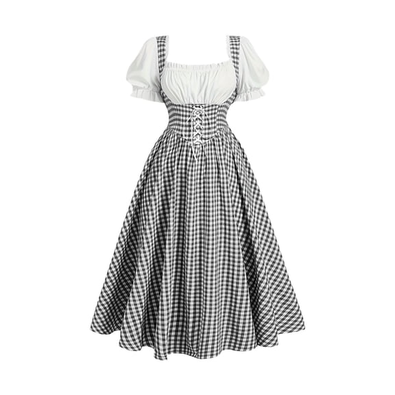 LEKWK Dirndl Dresses Women Lace-Up Short Sleeve Gingham Dress Traditional German Costumes Renaissance Oktoberfest Outfits Women Halloween Cosplay