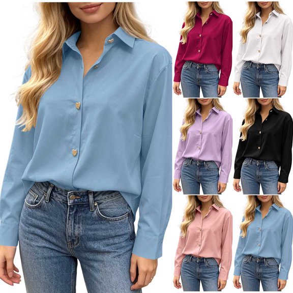 Tqcoqu Women's Collared Long Sleeve Solid Blouse Loose Casual Shirt with Heart Decorative Buttons