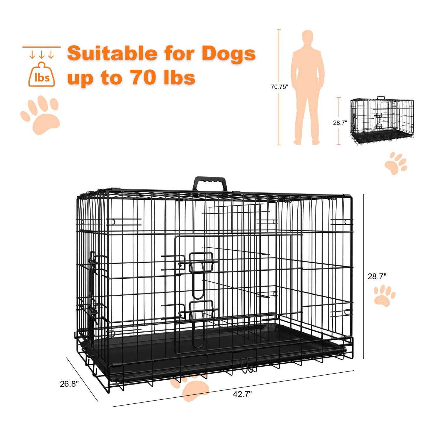 42" Large Dog Crate, Large Folding Metal Wire Dog Cage with Divider & Leak-Proof Tray, Double Door Pet Crate for Indoor Outdoor Travel, Black