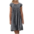 thumbnail image 3 of Milgrthf Robe en Lin pour Fille Robes d'Été Vintage Col Rond Manches Courtes Robes Froncées T-Shirts Robe Tenue Décontractée de Vacances Gris 8 Ans, 3 of 7