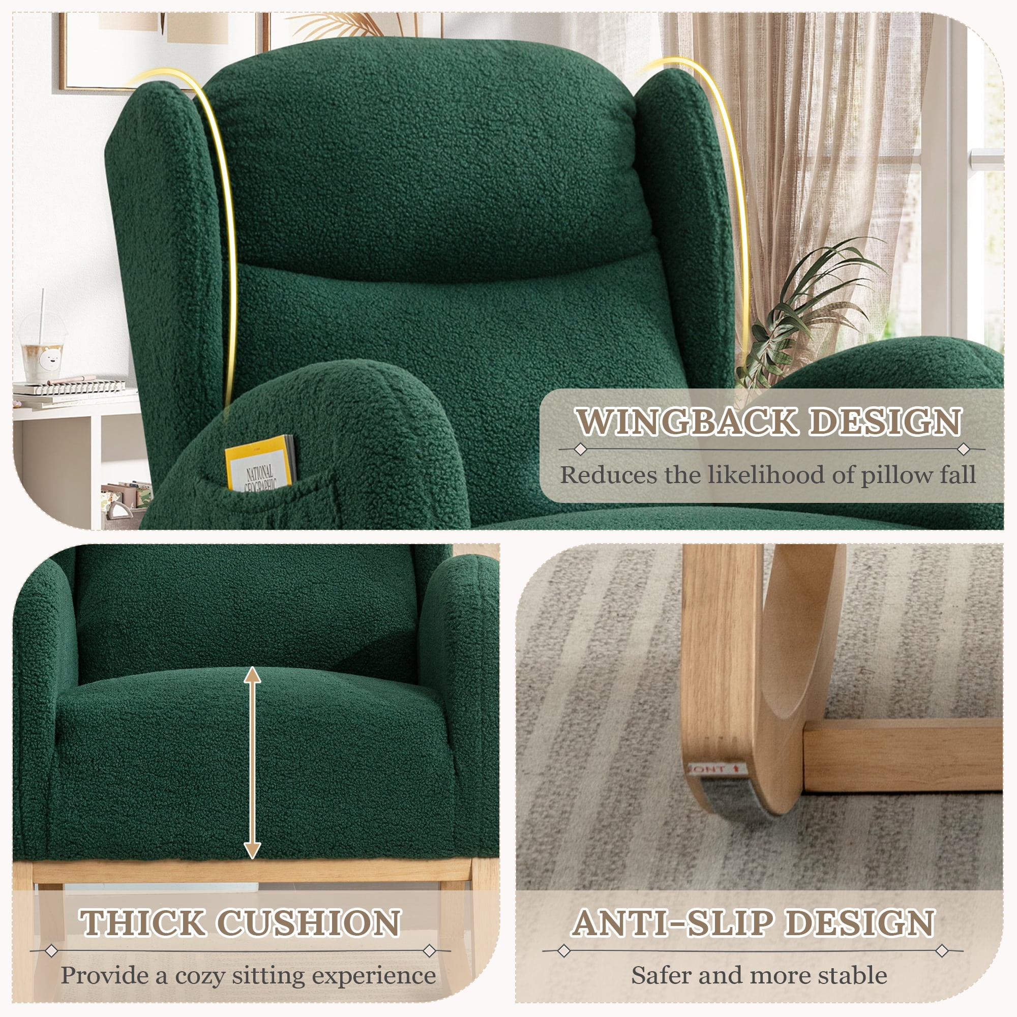 Muumblus Nursery Rocking Chair, Wingback Glider Rocker, Indoor Uphlostered Rocking Chair, Green Teddy