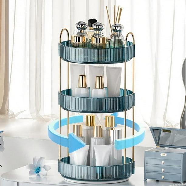 Organizador de maquillaje INVSSENE, giratorio 360°, 3 niveles, azul