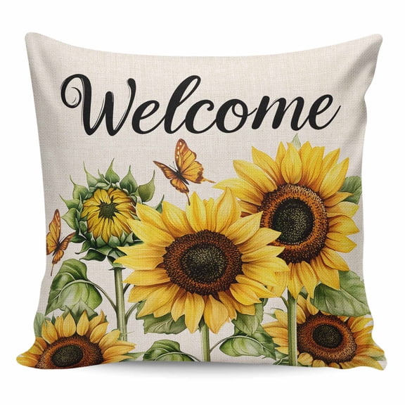 Throw Pillow Covers 20x20 Inch, Sunflower Decorative Pillow Cases for Couch Sofa Bed, Summer Botanical Floral Rustic Welcome Cotton Linen Square Home Decor Pillowcases with Hidden Zipper