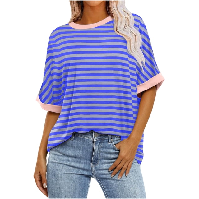 Timegard Womens Oversized Tops Striped Short Sleeve Color Block Crew Neck Drop Shoulder Casual Tee Tops