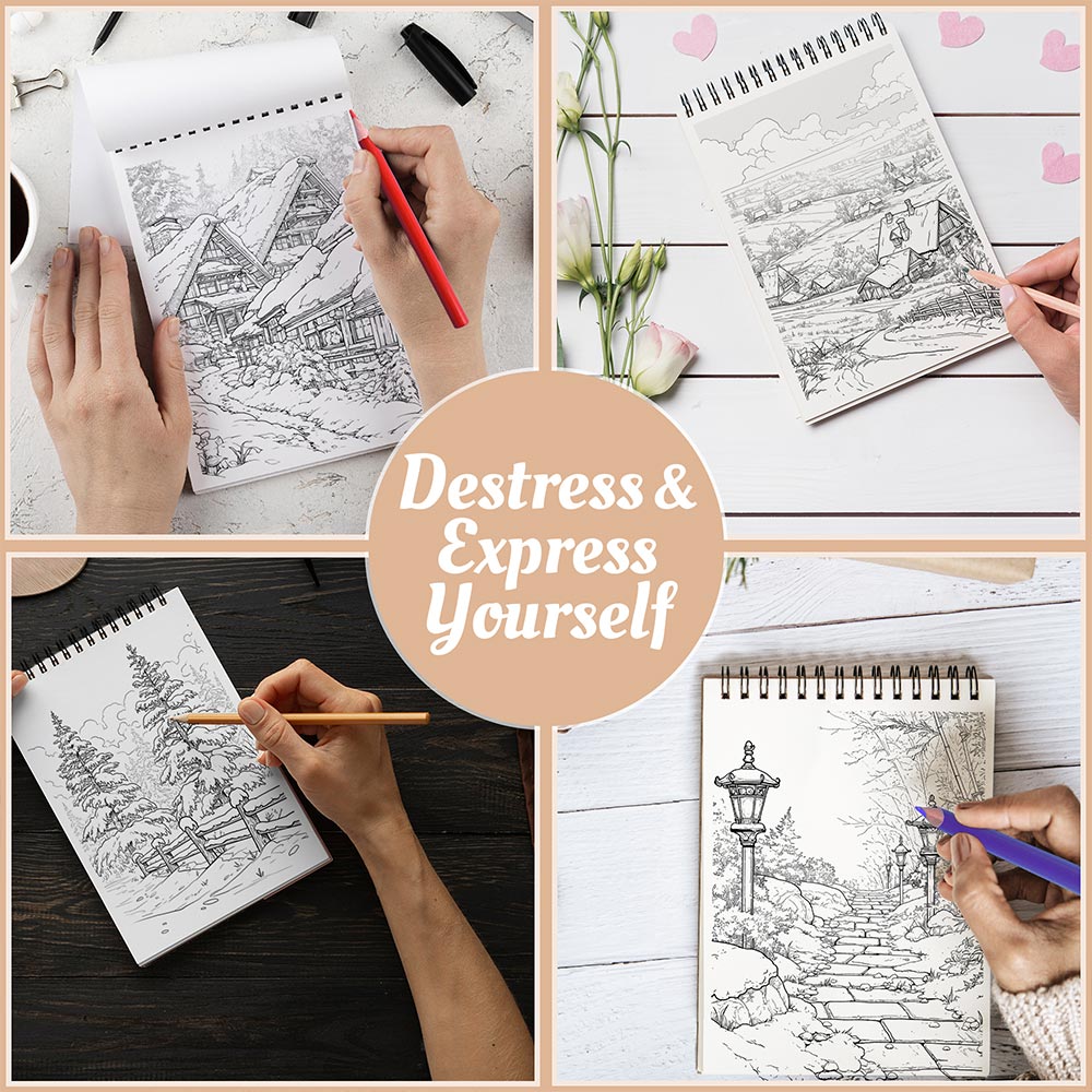 Netecom Christmas Country Winter Coloring Book Spiral Bound For Adults, A5 Wooden Cover, 30 Calming Coloring Pages of Winter Scenes for Stress Relief and Relaxation